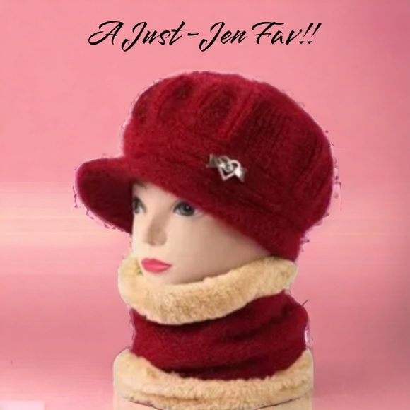 Warm 2Pc. Wool Wine Red Hat with Gold Heart Pendant with Wine Red Neck Scarf !! - Picture 10 of 11